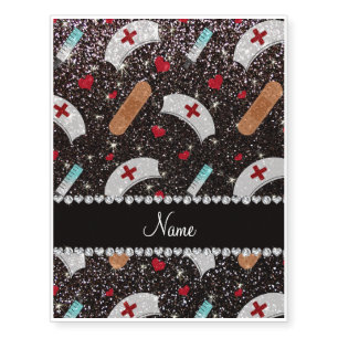 Custom name black glitter nurse hats heart temporary tattoos