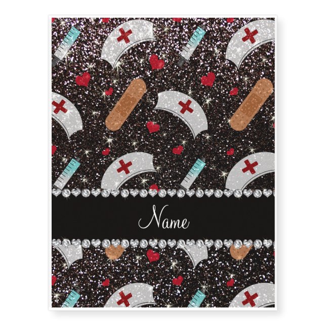 Custom name black glitter nurse hats heart temporary tattoos (Front)