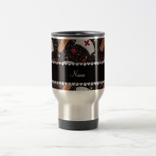 Custom name black glitter nurse hats heart travel mug