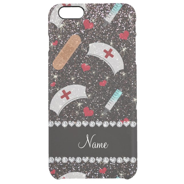 Custom name black glitter nurse hats heart uncommon iPhone case (Back)
