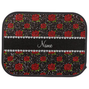 Custom name black glitter roses car floor mat