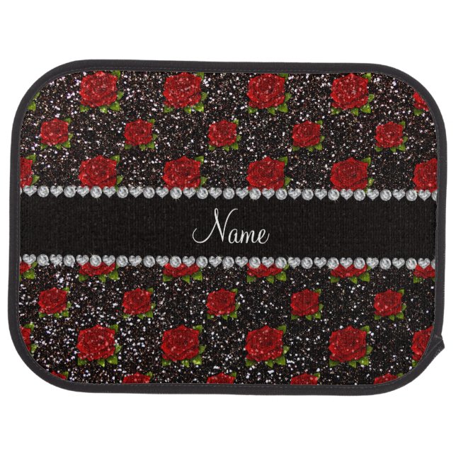Custom name black glitter roses car floor mat (Rear)