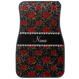 Custom name black glitter roses car floor mat