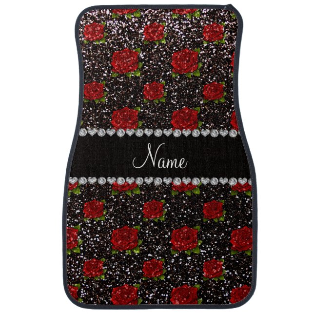Custom name black glitter roses car floor mat (Front)