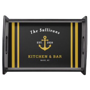 Custom Name Black Gold Anchor Kitchen Bar Home Serving Tray