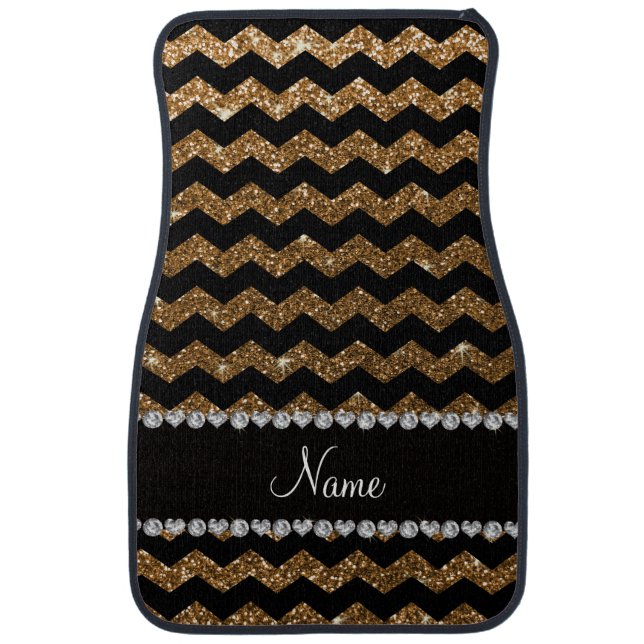 Custom name black gold glitter chevrons car floor mat (Front)