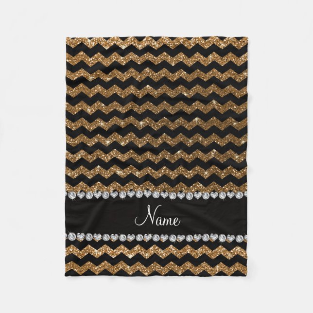 Custom name black gold glitter chevrons fleece blanket (Front)