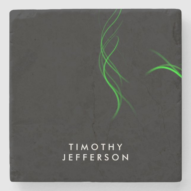 Custom Name Black Green Curves Elegant Modern Stone Coaster (Front)