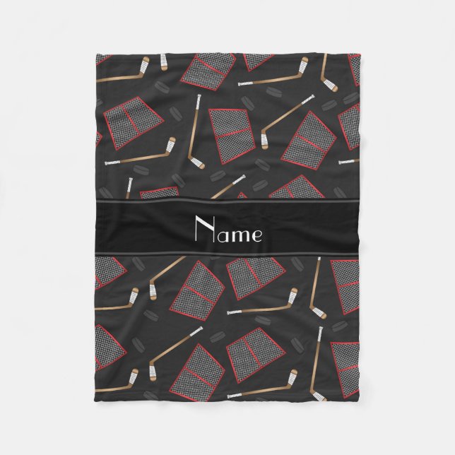 Custom name black hockey sticks pucks nets fleece blanket (Front)