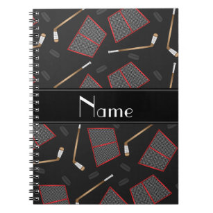 Custom name black hockey sticks pucks nets notebook