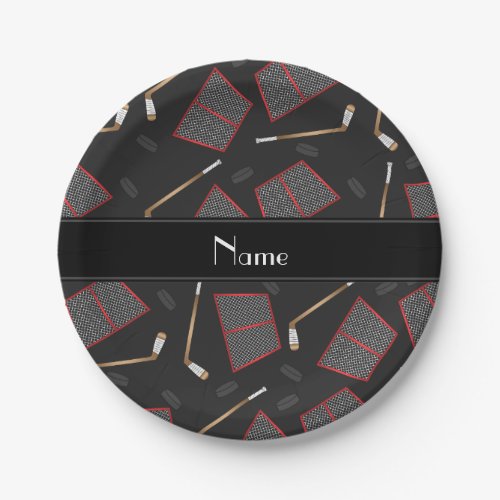 Custom name black hockey sticks pucks nets paper plates