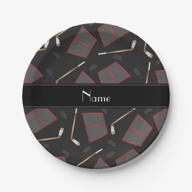 Custom name black hockey sticks pucks nets paper plates (Front)