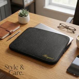 Custom Name Black Leather Texture Laptop Sleeve