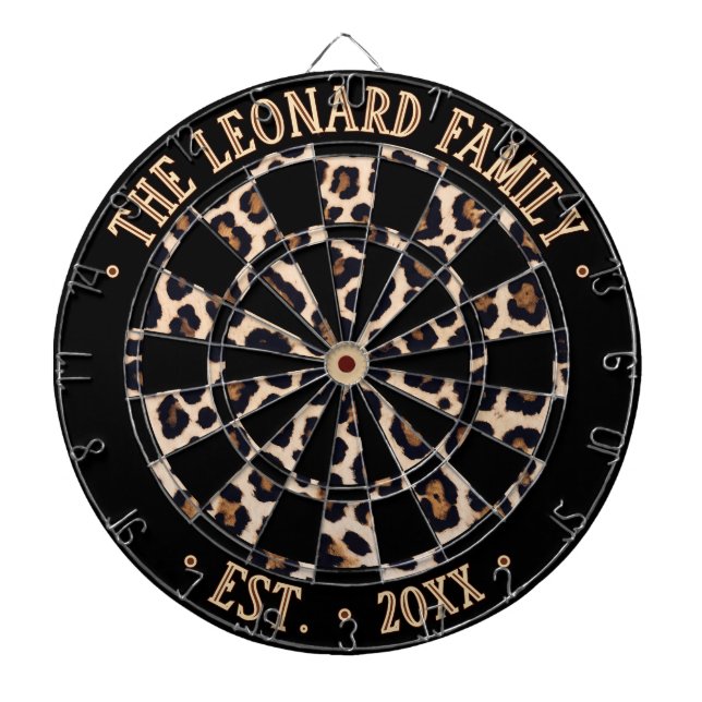 Custom Name Black & Leopard Animal Print Pattern Dart Board (Front)