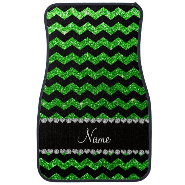 Custom name black lime green glitter chevrons car mat (Front)
