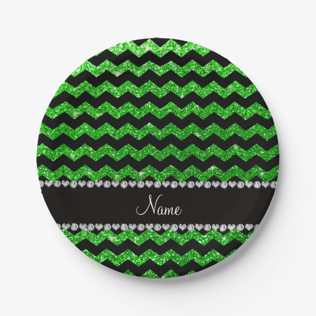 Custom name black lime green glitter chevrons paper plates (Front)