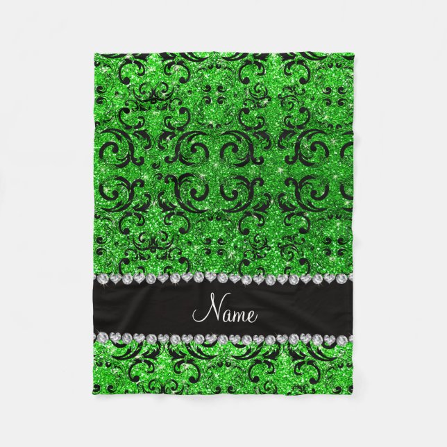Custom name black lime green glitter damask fleece blanket (Front)