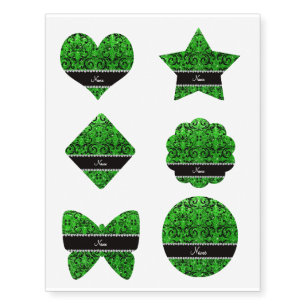 Custom name black lime green glitter damask temporary tattoos