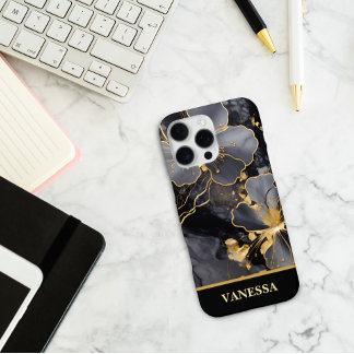 Custom Name Black Marble Gold Floral Personalized iPhone 16 Pro Max Case