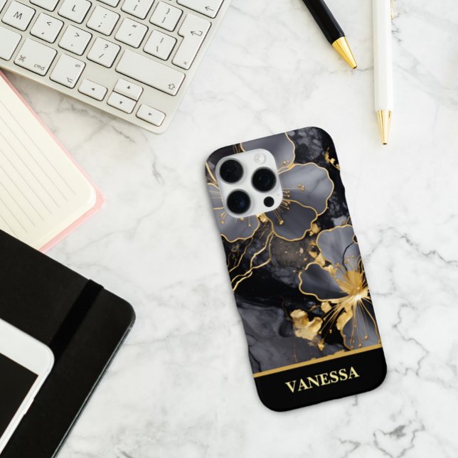 Custom Name Black Marble Gold Floral Personalized iPhone Case (Creator Uploaded)
