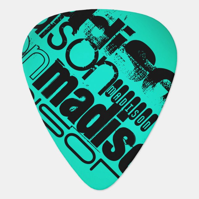 Custom Name; Black &  Neon Aqua Turquoise Guitar Pick (Front)