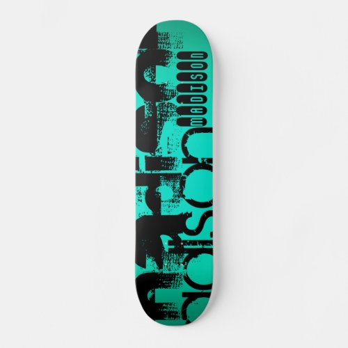 Custom Name Black   Neon Aqua Turquoise Skateboard Deck