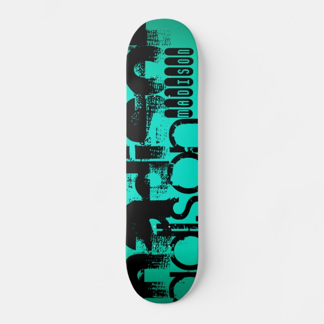 Custom Name; Black &  Neon Aqua Turquoise Skateboard Deck (Front)