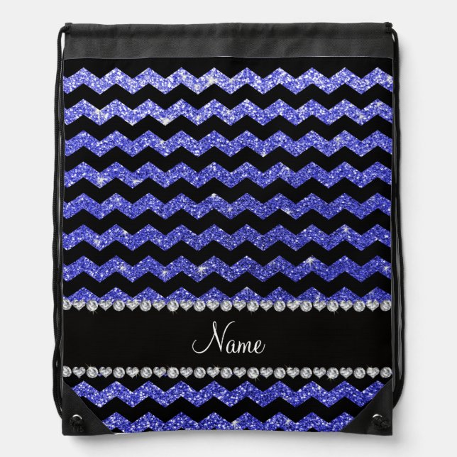 Custom name black neon blue glitter chevrons drawstring bag (Front)