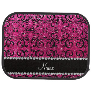 Custom name black neon hot pink glitter damask car mat