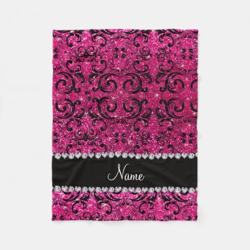 Custom name black neon hot pink glitter damask fleece blanket