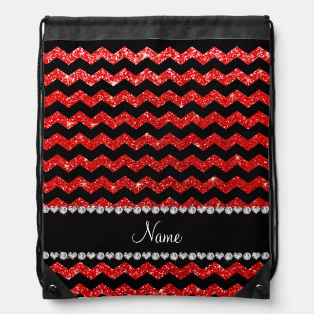 Custom name black neon red glitter chevrons drawstring bag (Front)