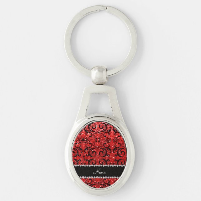 Custom name black neon red glitter damask keychain (Front)