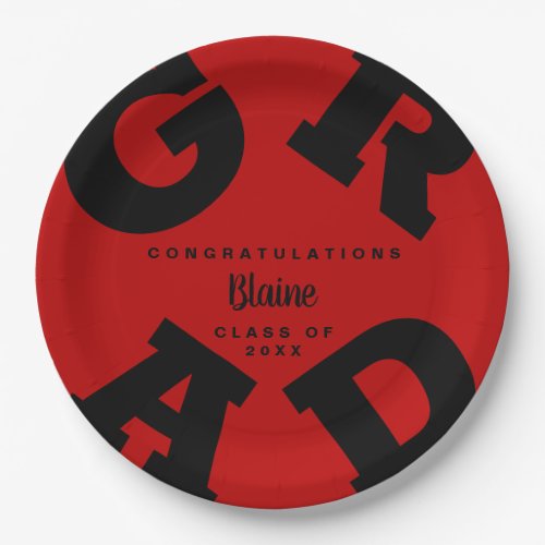 Custom Name Black on Scarlet Red Graduation Paper Plates