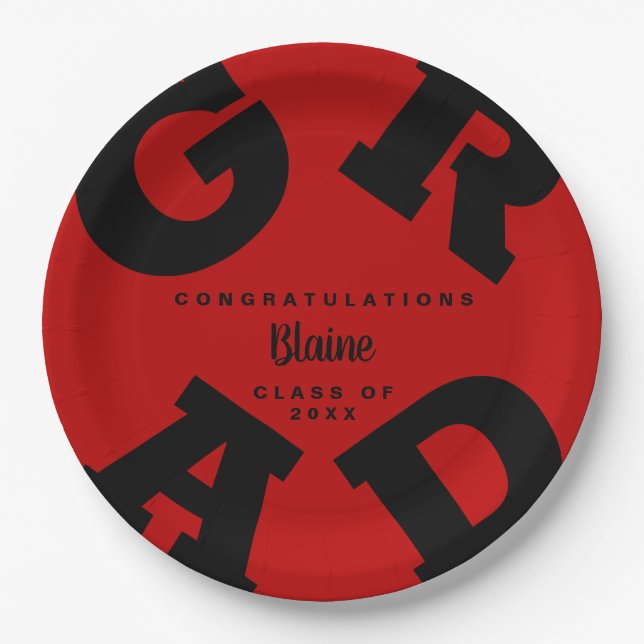 Custom Name Black on Scarlet Red Graduation Paper Plates (Front)