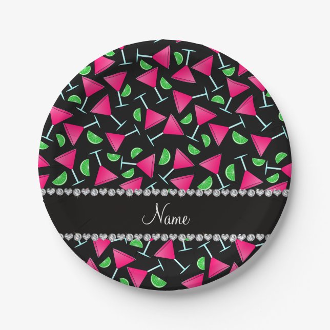 Custom name black pink cosmos limes paper plates (Front)
