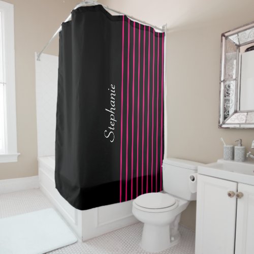 Custom Name Black Pink Stripes Patterns Cute Girly Shower Curtain