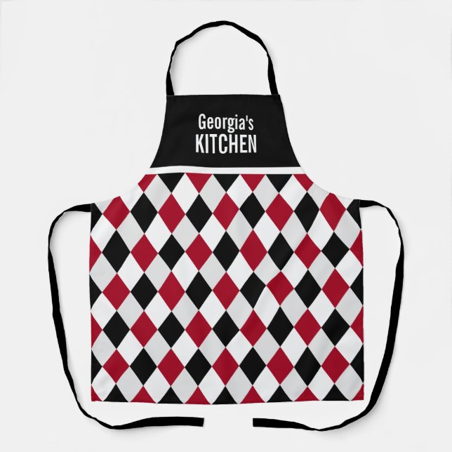 Custom Name Black Red Harlequin Diamond Pattern Apron (Front)
