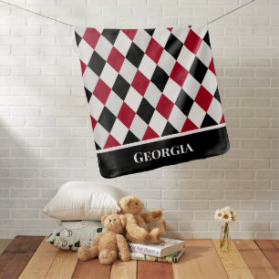 Custom Name Black Red Harlequin Diamond Pattern Baby Blanket