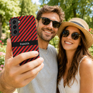 Custom Name Black & Red Textured Diagonal Stripes Samsung Galaxy S22+ Case