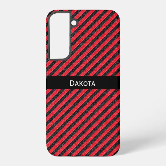 Custom Name Black & Red Textured Diagonal Stripes Samsung Galaxy Case (Back)