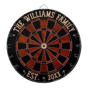 Custom Name Black & Rustic Brown Faux Wood Style Dart Board