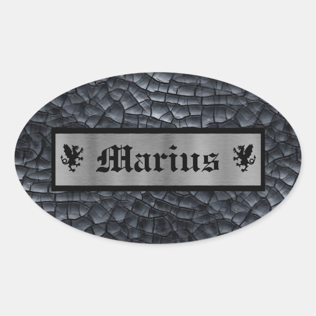 Custom Name Black & Silver Dragon Scale/Skin Print Oval Sticker (Front)