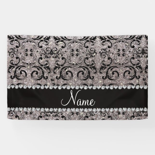 Custom name black silver glitter damask banner (Horizontal)