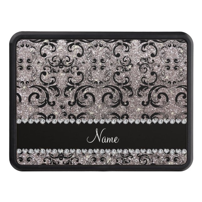 Custom name black silver glitter damask hitch cover (Front)