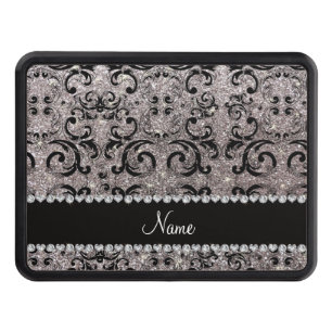 Custom name black silver glitter damask hitch cover