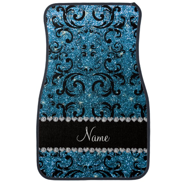 Custom name black sky blue glitter damask car floor mat (Front)