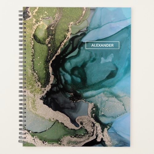 Custom Name Black Teal Green Gold Abstract Art Planner