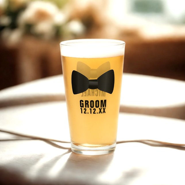 Custom Name Black Tie Groom Glass (For your bachelor party! Add their name and your wedding date to this fun black bow tie glass)