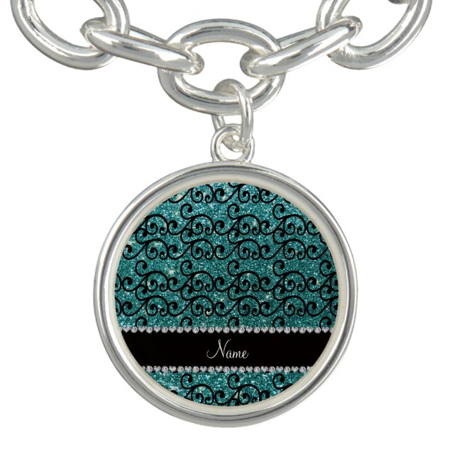Custom name black turquoise glitter swirls charm bracelet (Design)