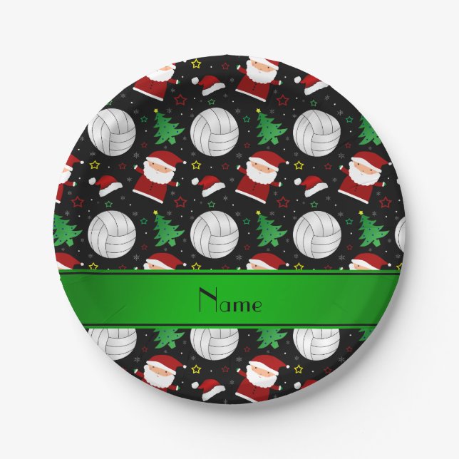 Custom name black volleyball christmas pattern paper plates (Front)
